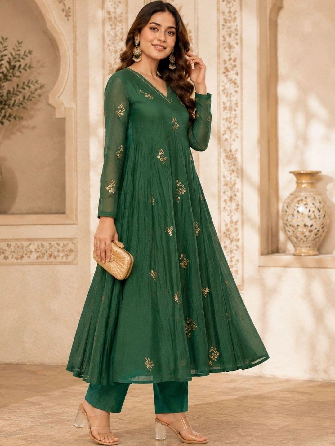 Sangria Women Ethnic Motifs Embroidered Regular Chanderi Silk Kurta with Trousers & With Dupatta thumbnail 6