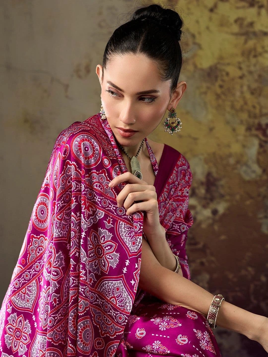 Sangria Ajrak Block Satin Designer Block Print Saree thumbnail 3