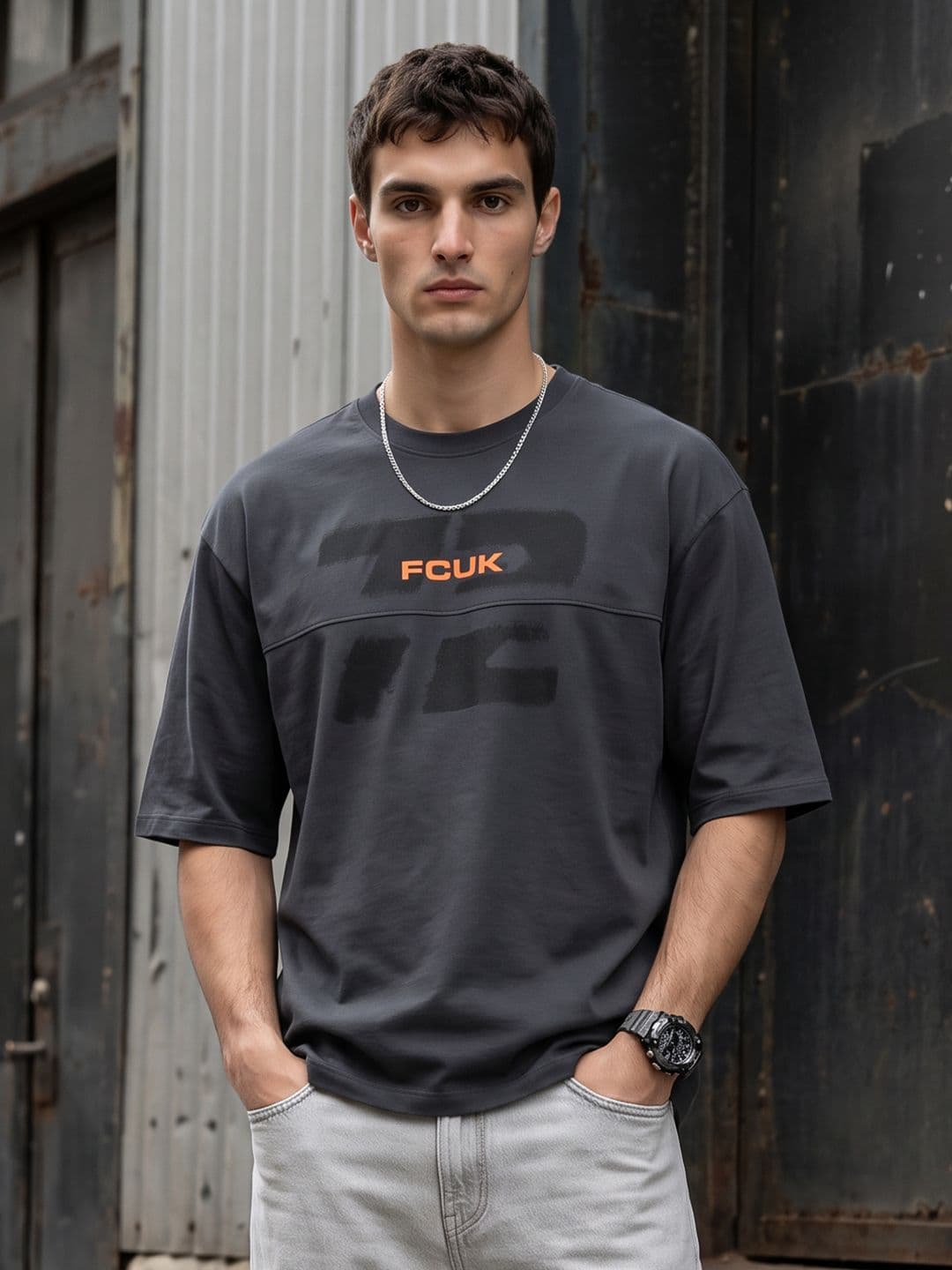FCUK Oversized Typography Printed Pure Cotton T-shirt - view 1