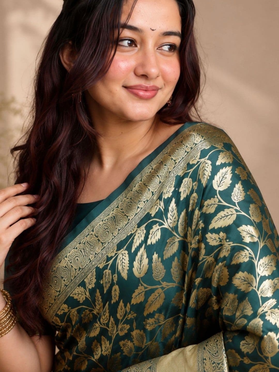 all about you Floral Zari Satin Banarasi Saree thumbnail 3