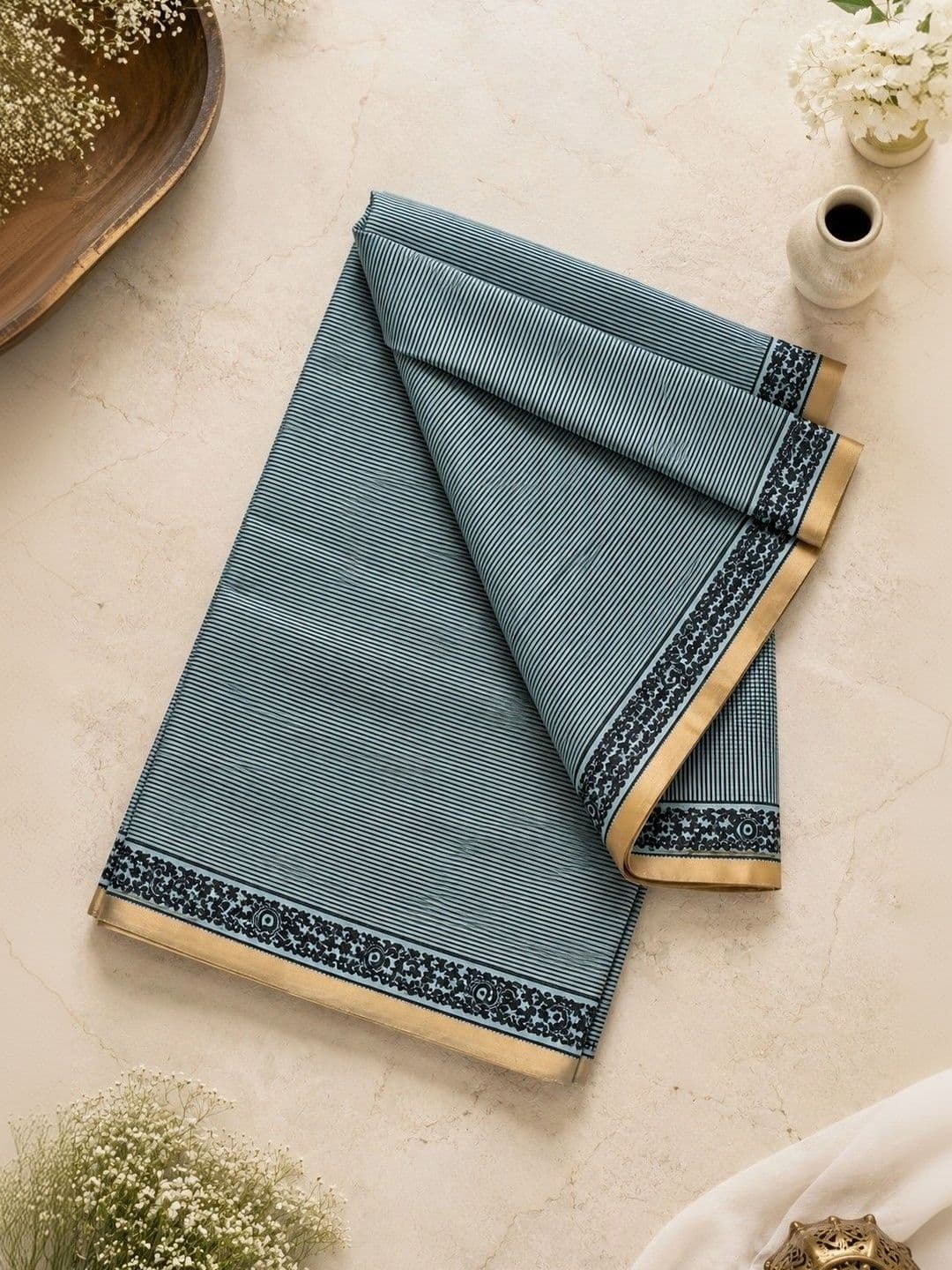 AARYAN SAREES White Striped Pure Linen Saree thumbnail 5