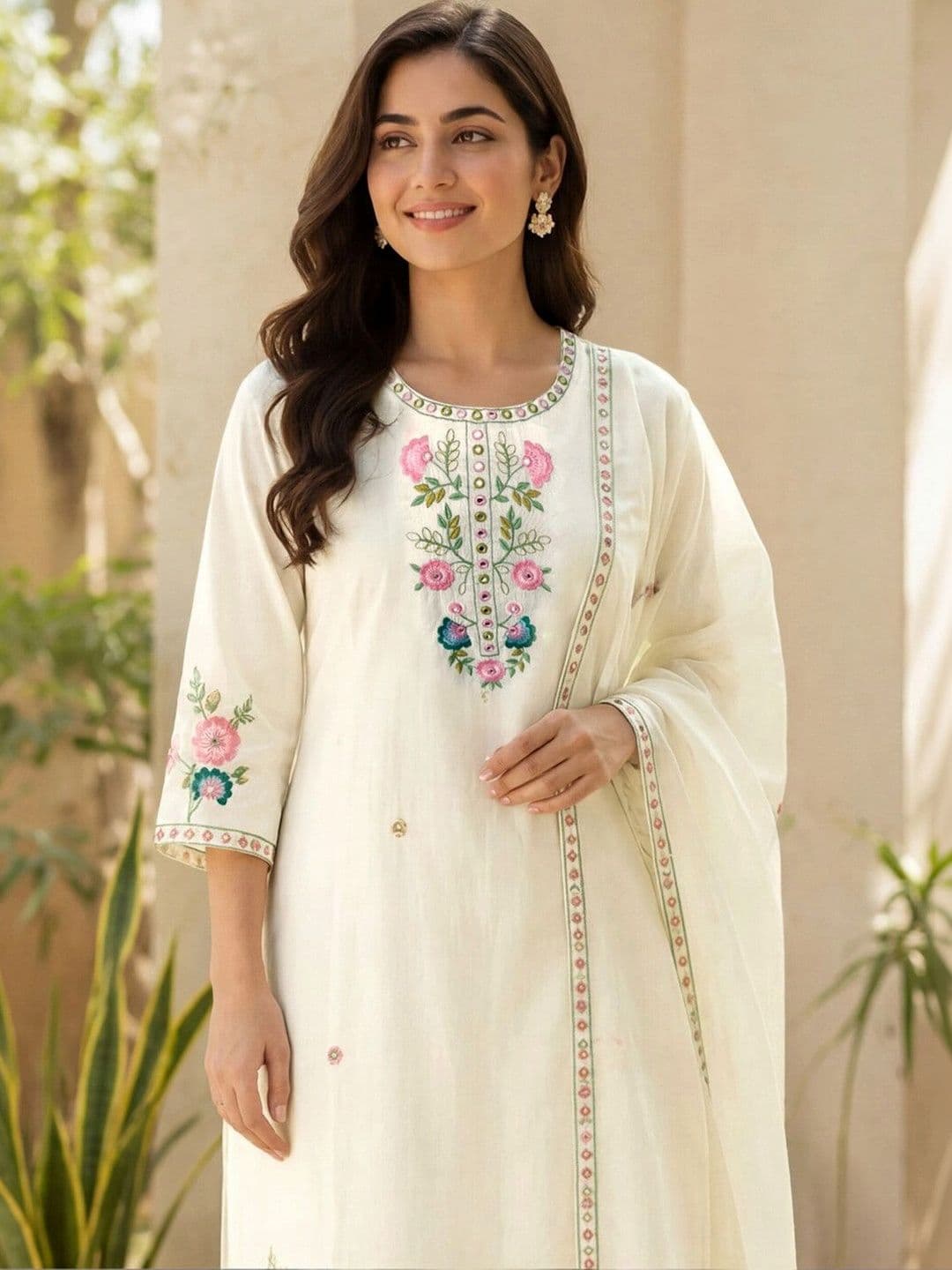 SKYLEE Women Floral Embroidered Regular Thread Work Pure Cotton Kurta with Trousers & With Dupatta thumbnail 4