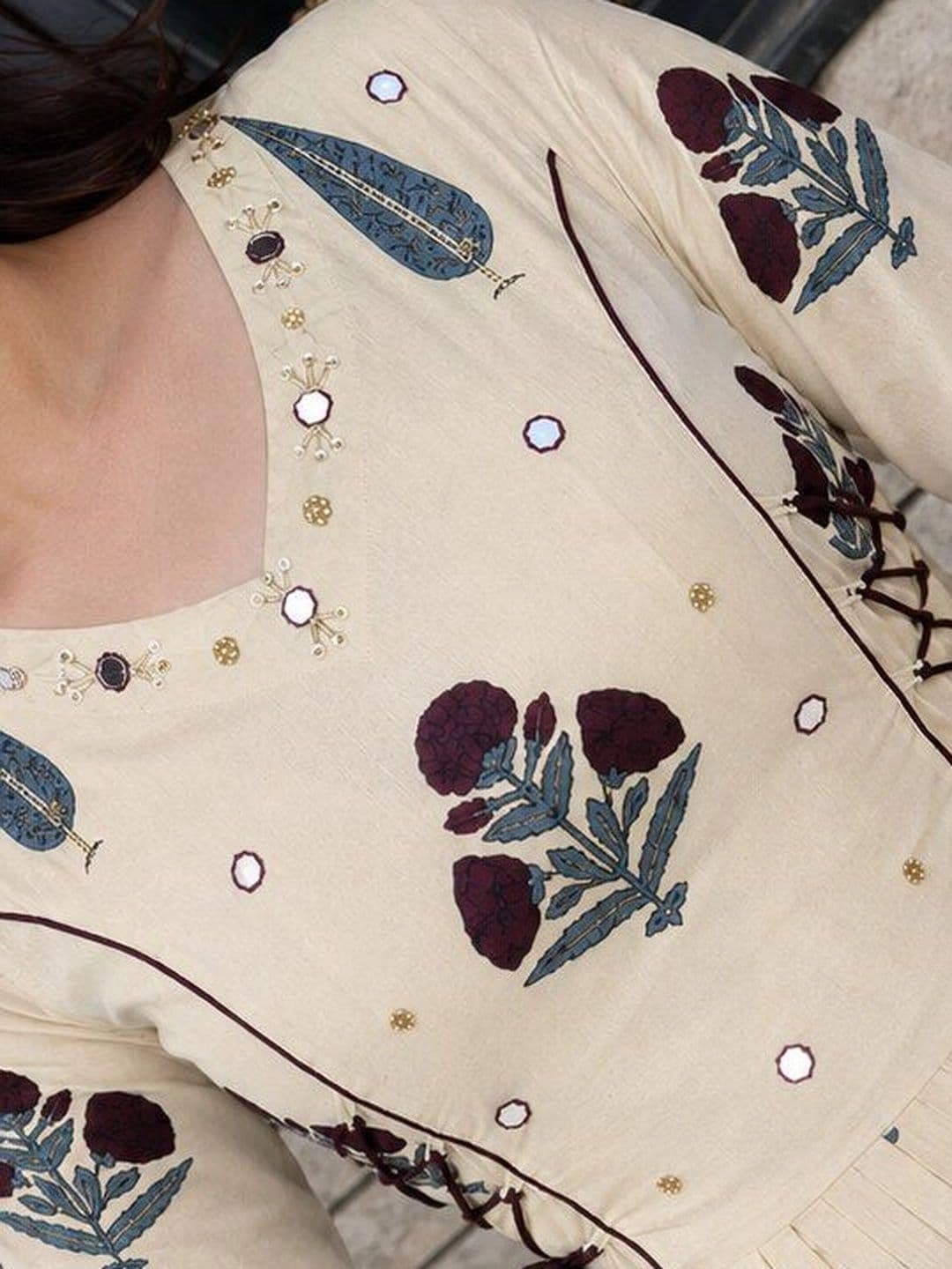 ARANGETRAM Women Floral Printed Mirror Work Indie Florals Anarkali Kurta thumbnail 2