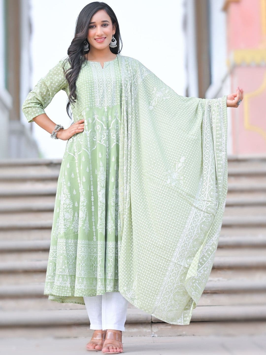 KALINI Women Geometric Printed Georgette Anarkali Kurta With Dupatta thumbnail 5