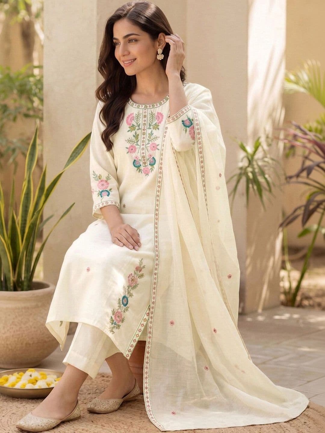 SKYLEE Women Floral Embroidered Regular Thread Work Pure Cotton Kurta with Trousers & With Dupatta thumbnail 5