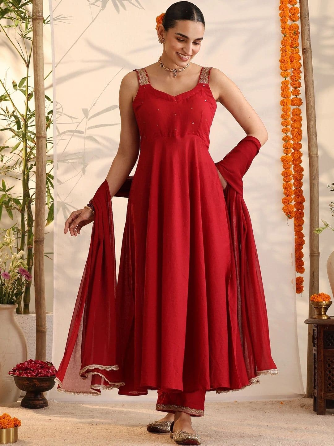 Khushal K Women Ethnic Motifs Embroidered Sequinned Pure Cotton Kurta with Trousers & With Dupatta - view 1