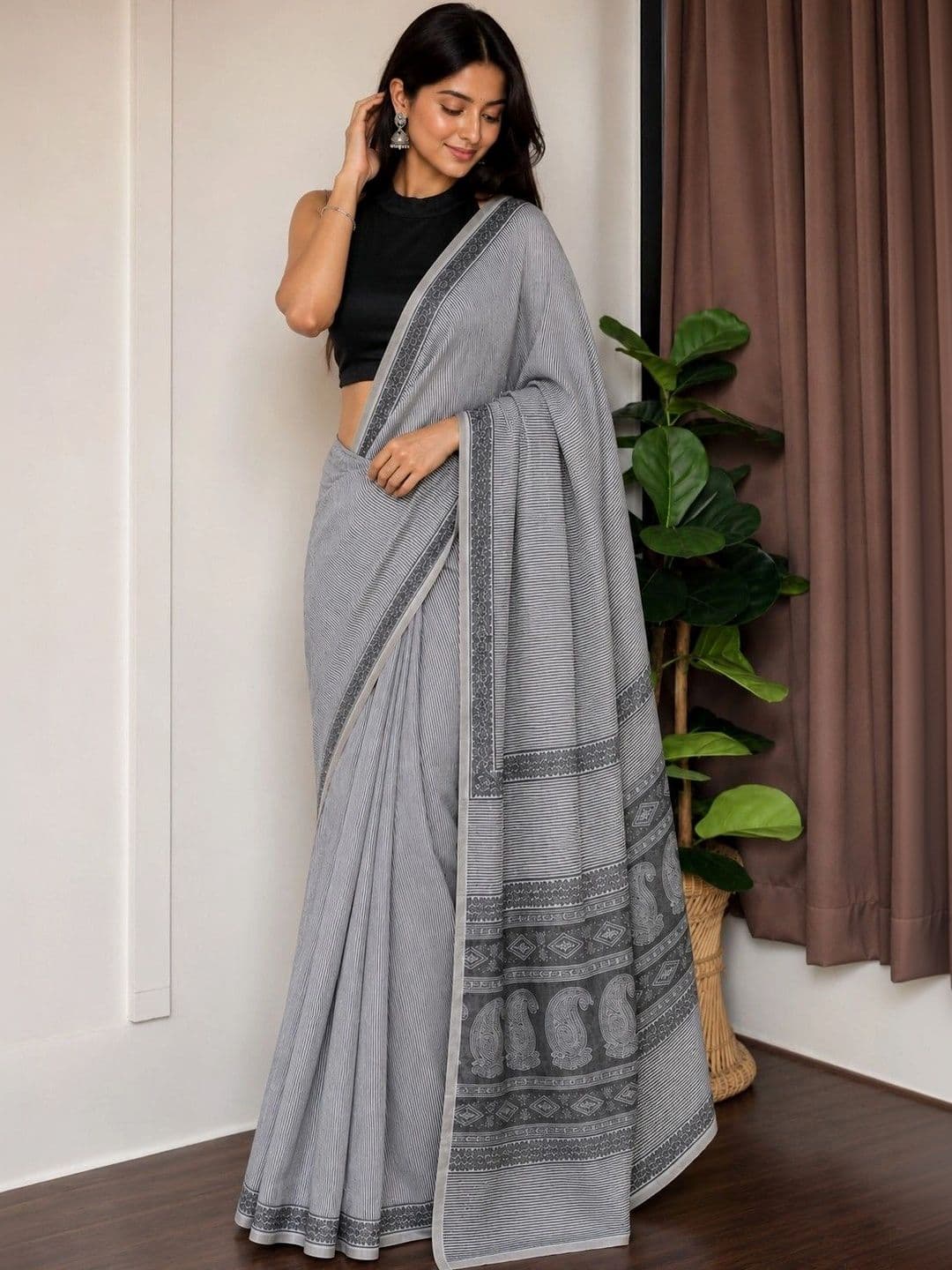 AARYAN SAREES White Striped Pure Linen Saree - view 1
