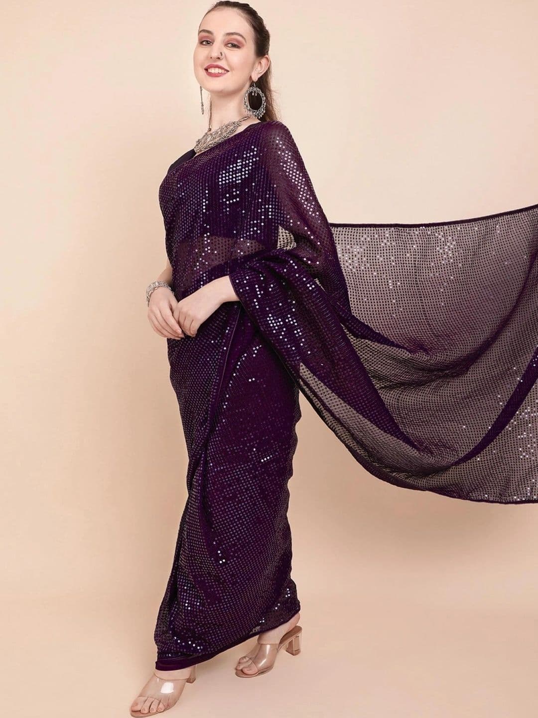 SZN Embellished Sequinned Pure Georgette Designer Saree thumbnail 5