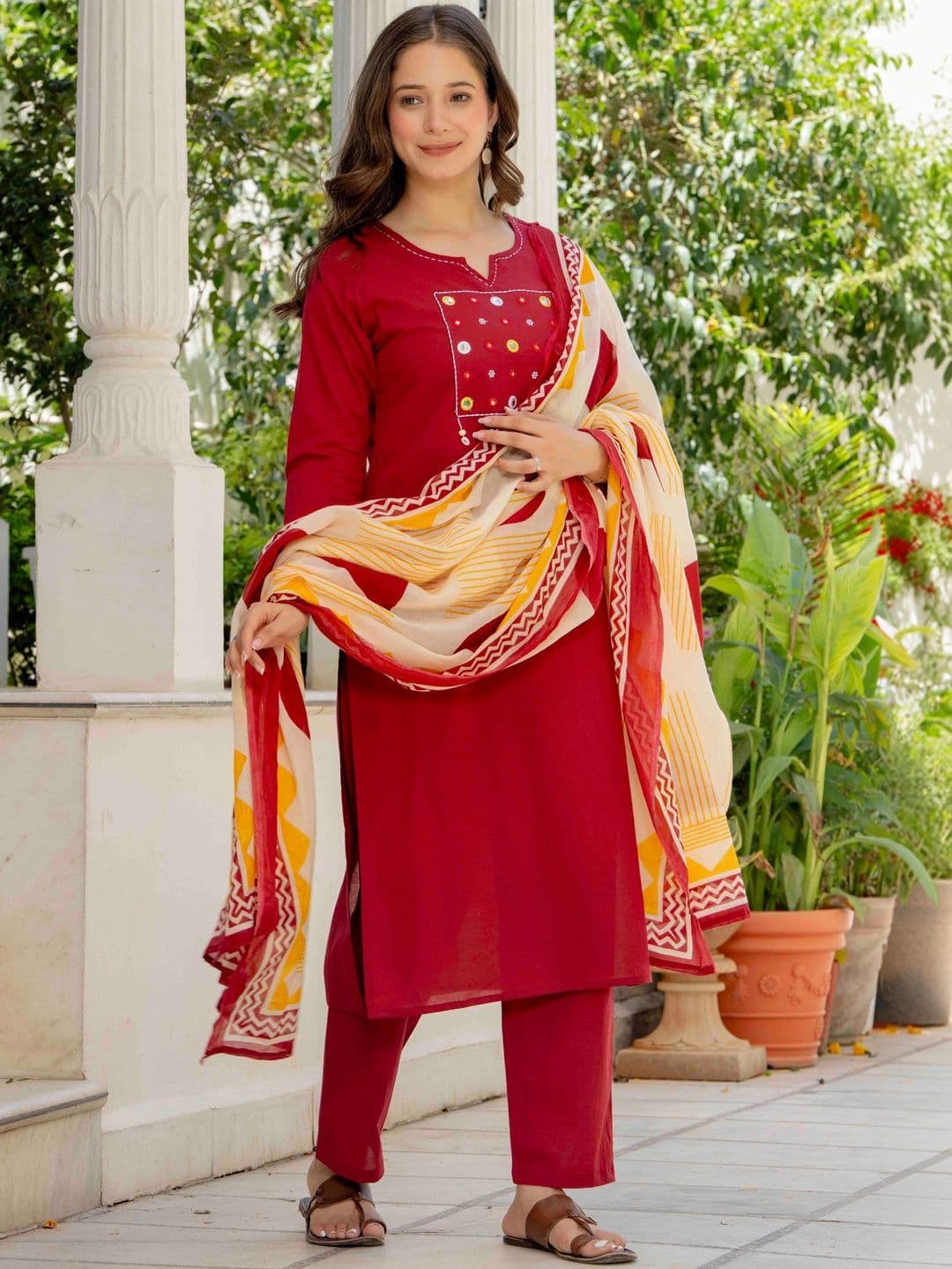 JAIPUR SARAI Yoke Design Mirror Work Pure Cotton Kurta with Trousers & Dupatta thumbnail 7