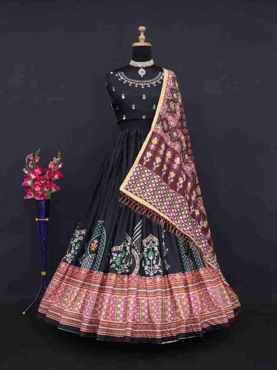 DAYLOOM Embellished Mirror Work Semi-Stitched Lehenga & Unstitched Blouse With Dupatta thumbnail 3