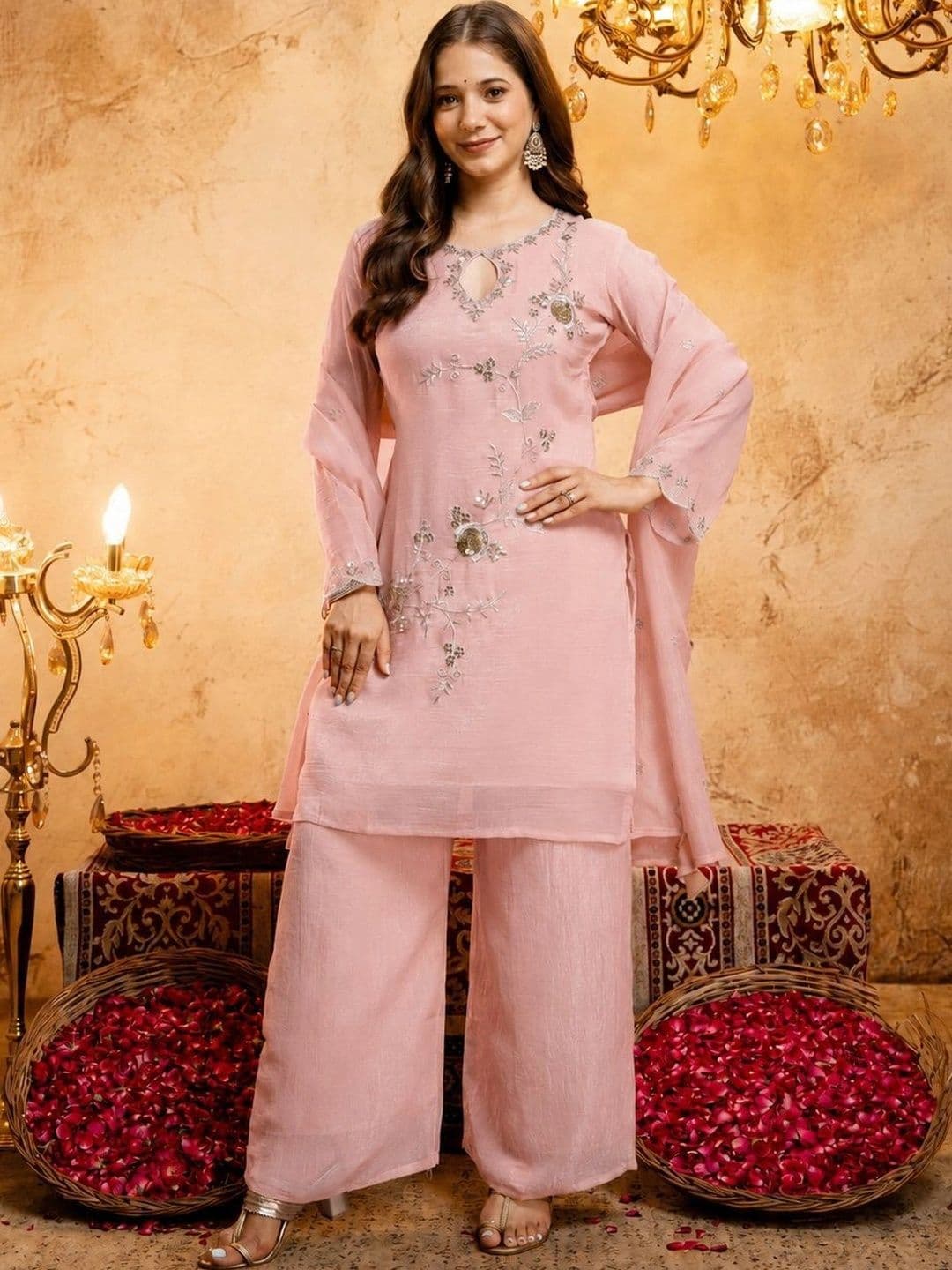 HERE&NOW Women Ethnic Motifs Embroidered Regular Kurta with Palazzos & With Dupatta thumbnail 4