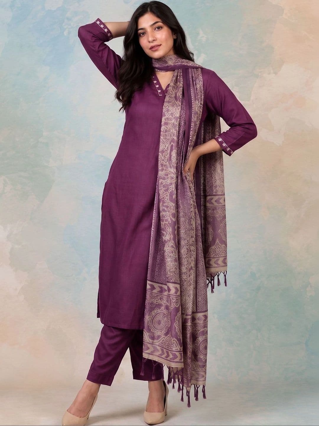 AADVIKA Women Ethnic Motifs Regular Thread Work Kurta with Trousers & With Dupatta - view 1