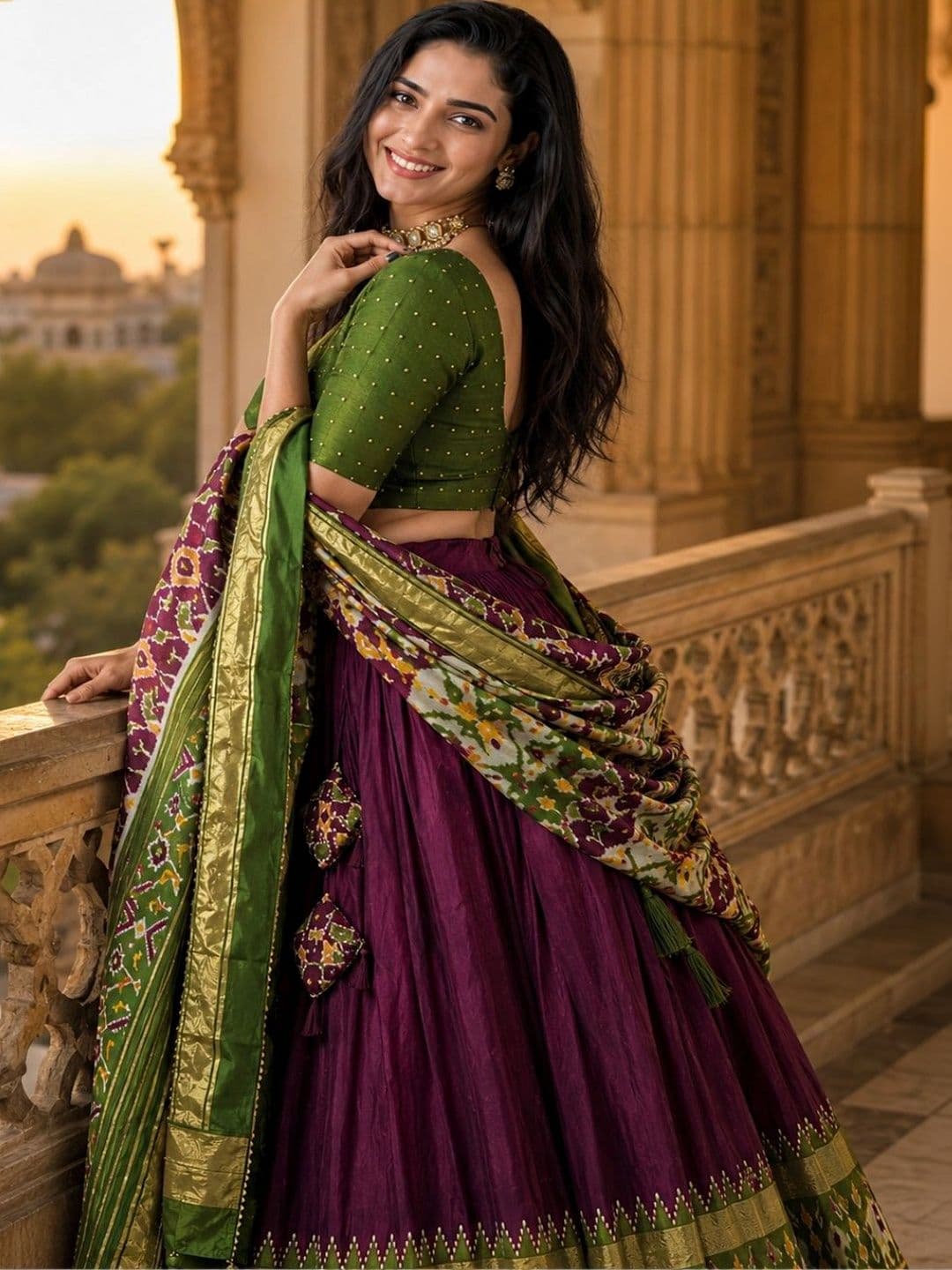 House of Pataudi Thread Work Ikat Semi-Lehenga & Unstitched Blouse With Dupatta thumbnail 3