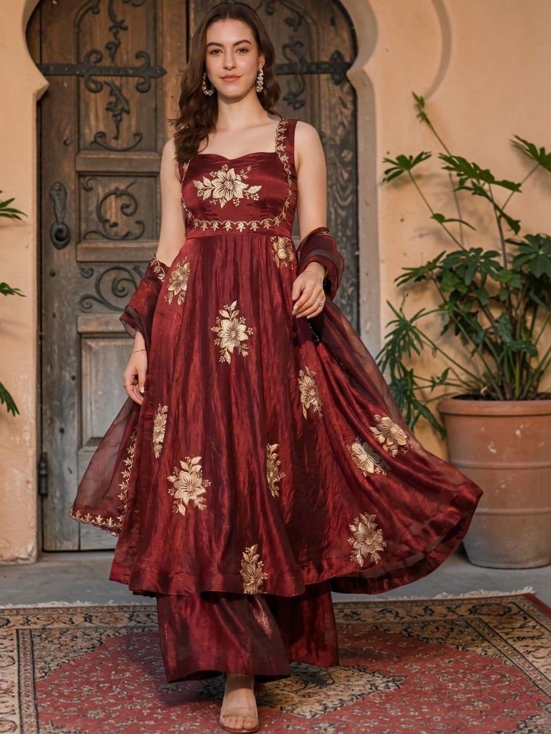 KALINI Women Floral Embroidered Empire Thread Work Kurta with Palazzos & With Dupatta - view 1