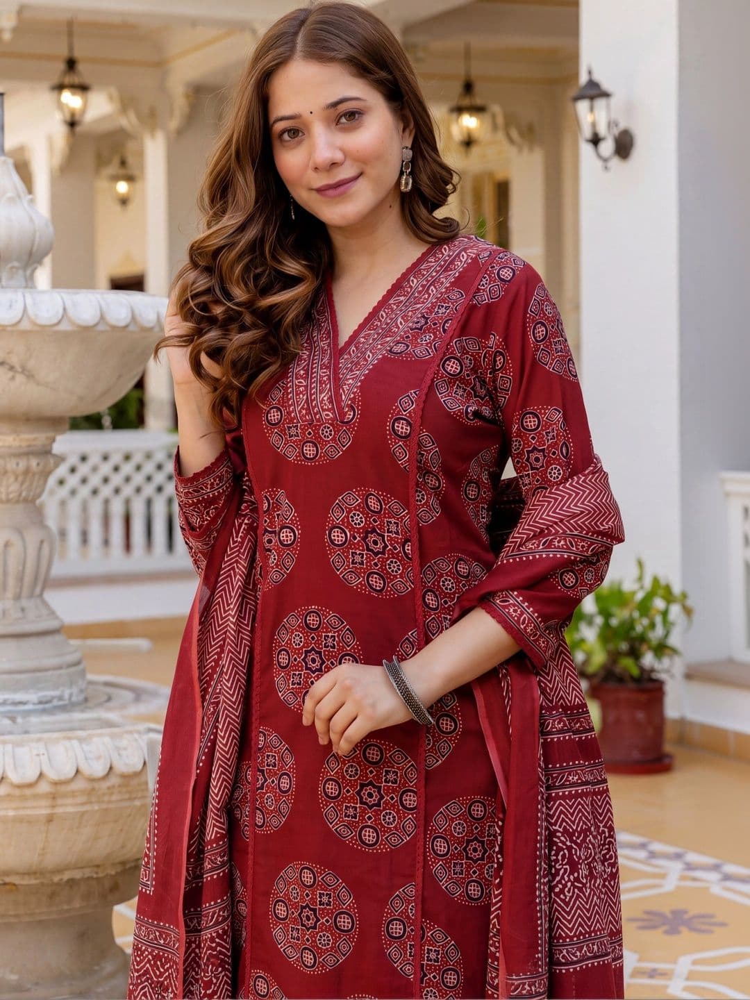 Shree Ramkrishna Fab Women Ethnic Motifs Printed Regular Pure Cotton Kurta with Trousers & With Dupatta thumbnail 5