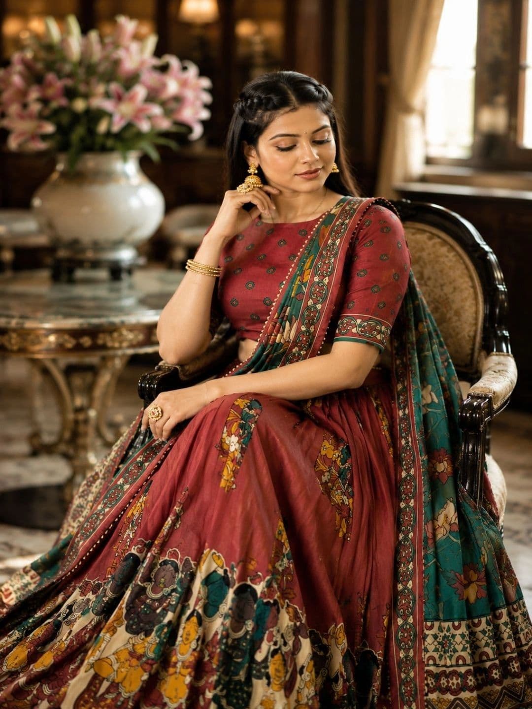 House of Pataudi Printed Kalamkari Semi-Stitched Lehenga & Unstitched Blouse With Dupatta thumbnail 2