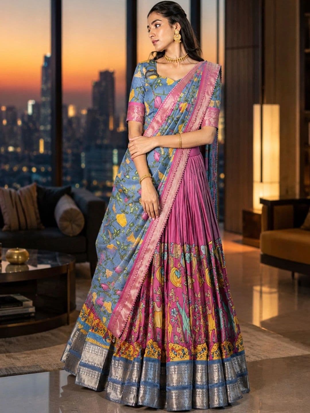House of Pataudi Printed Kalamkari Semi-Stitched Lehenga & Unstitched Blouse With Dupatta thumbnail 5
