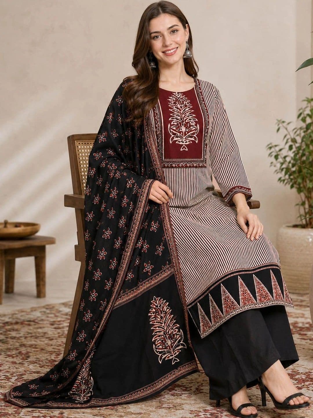 Anouk Women Striped Regular Pure Cotton Kurta with Palazzos & With Dupatta thumbnail 6