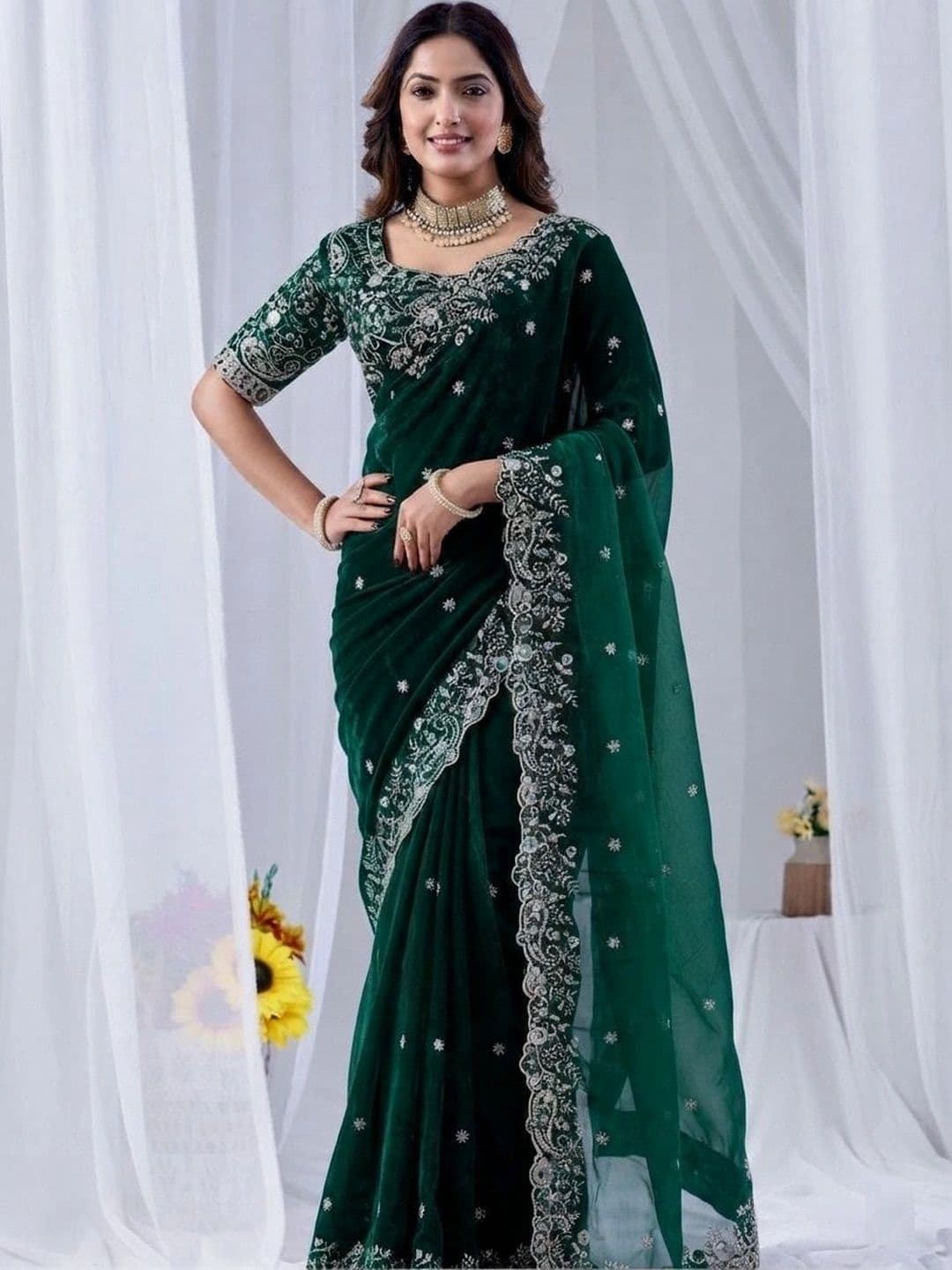 CLEMIRA Floral Embroidered Satin Heavy Work Saree - view 1