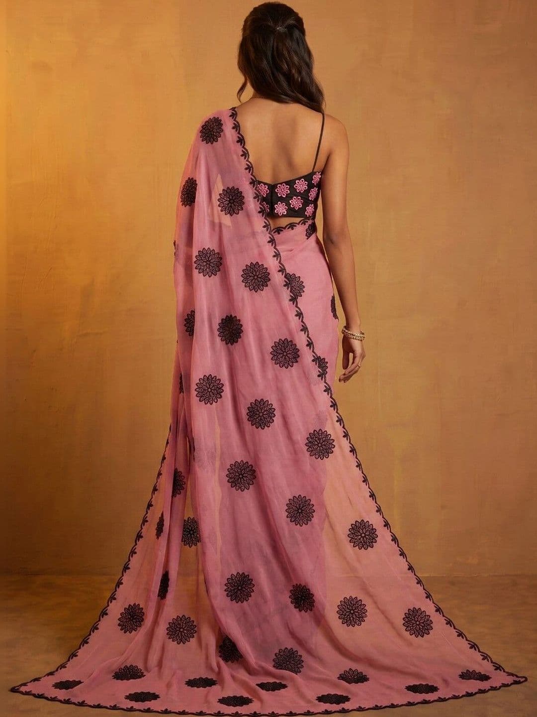 KINDA DESI Ethnic Motifs Embroidered Poly Georgette Fusion Saree thumbnail 3