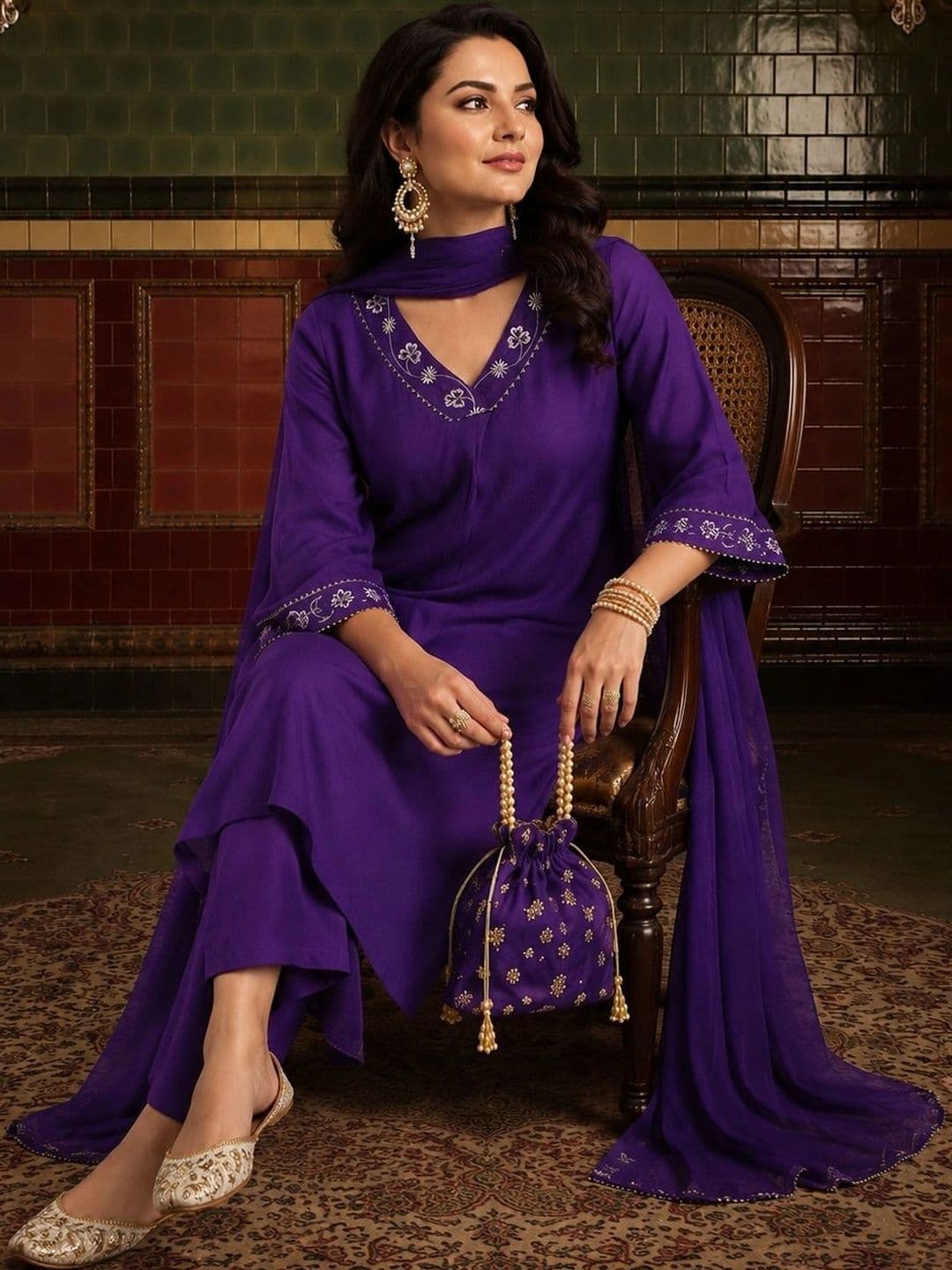 House of Pataudi Women Ethnic Motifs Embroidered Regular Thread Work Kurta with Trousers & With Dupatta thumbnail 6