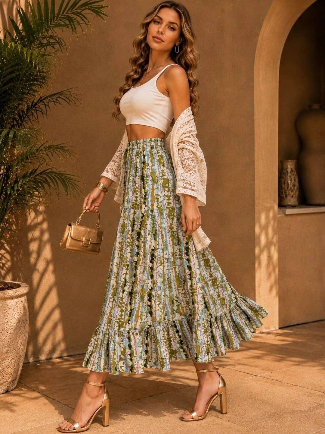 TNQ Women Crepe Abstract Maxi Flared Skirt thumbnail 4