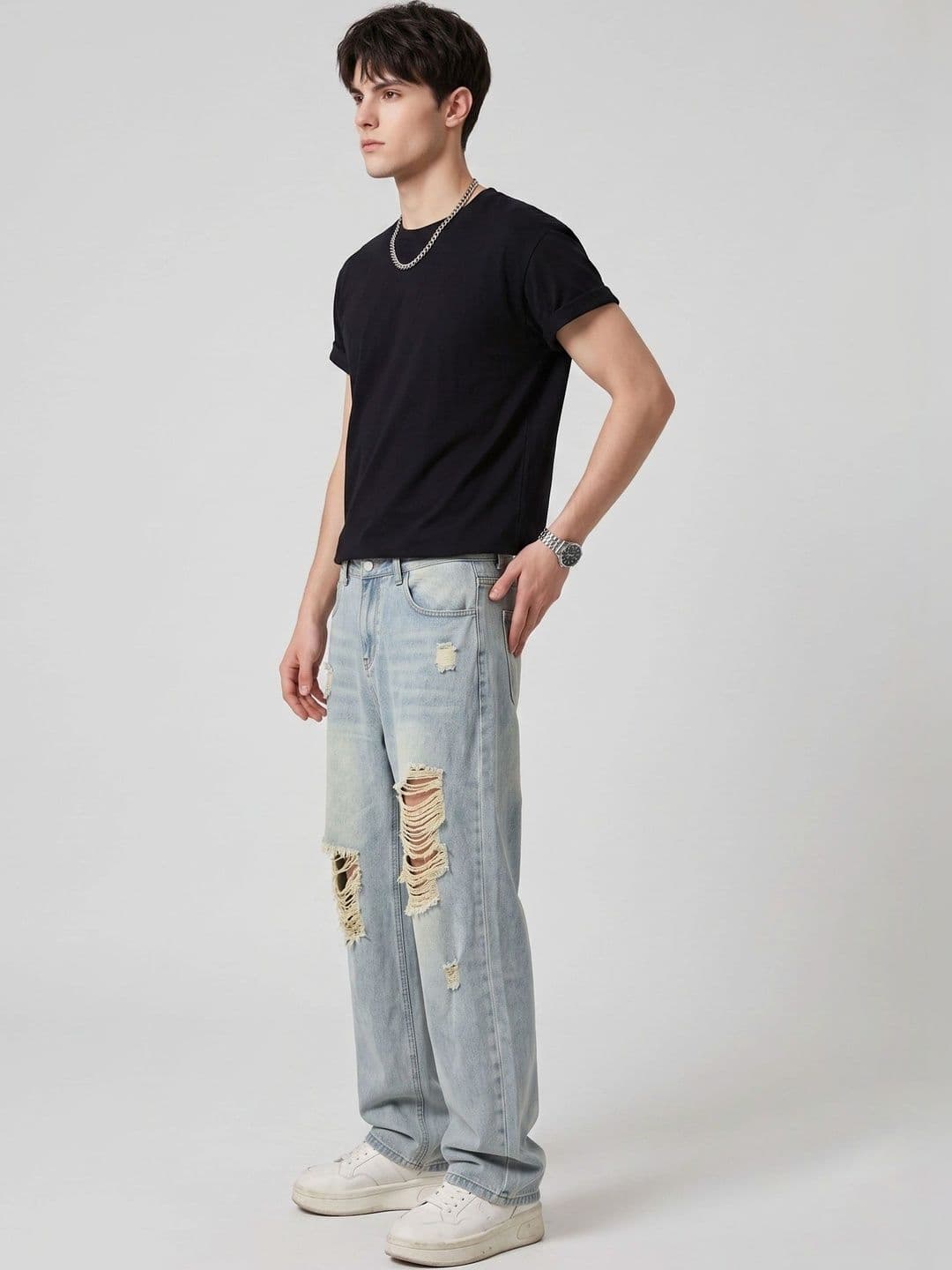 Suo Men Relaxed Fit Mid-Rise Highly Distressed Heavy Fade Jeans thumbnail 4