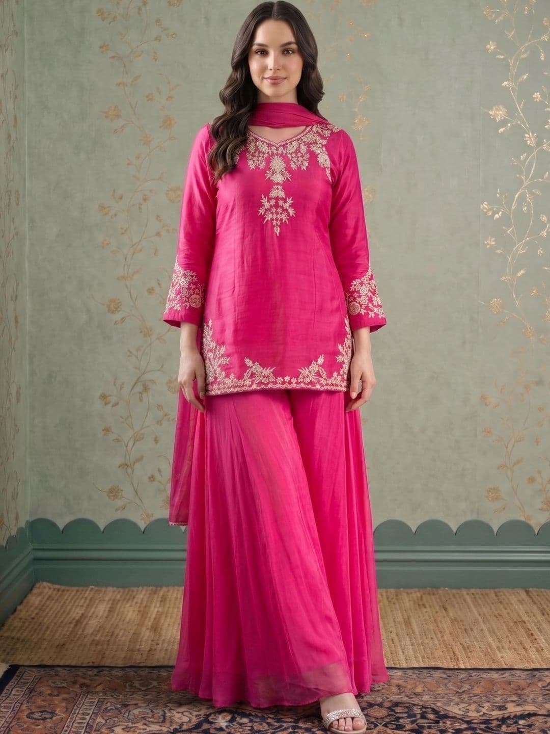 Sangria Women Ethnic Motifs Embroidered Regular Thread Work Kurta with Sharara & With Dupatta - view 1