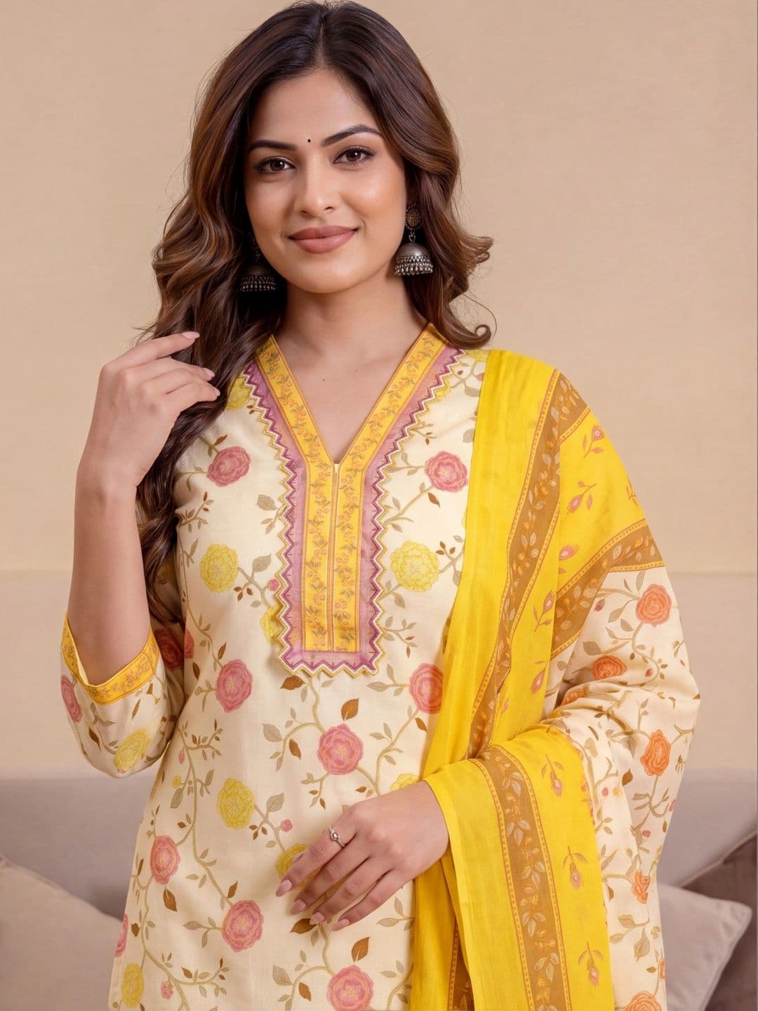 Shree Ramkrishna Fab Women Floral Printed Regular Thread Work Pure Cotton Kurta with Trousers & With Dupatta thumbnail 3