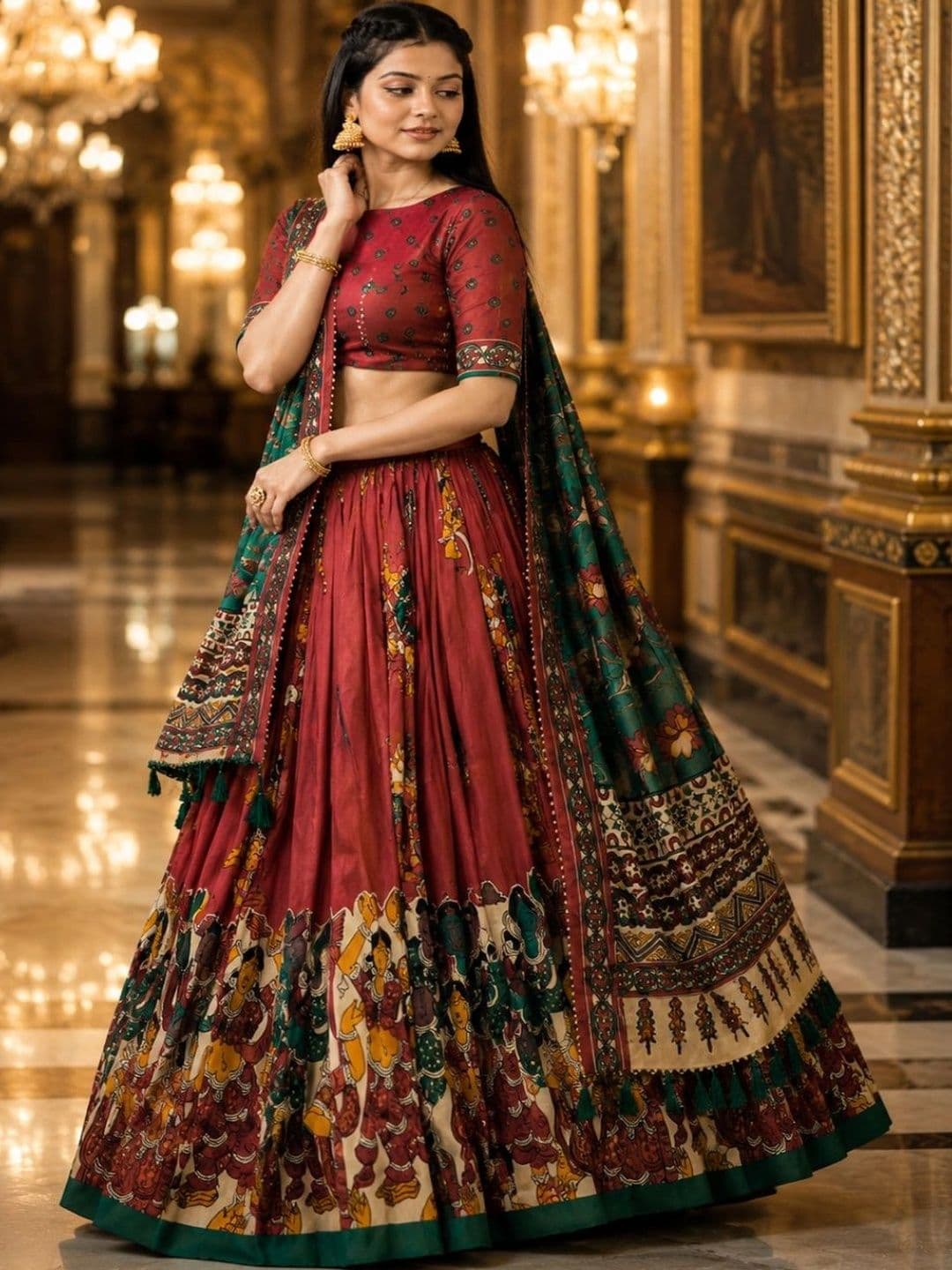 House of Pataudi Printed Kalamkari Semi-Stitched Lehenga & Unstitched Blouse With Dupatta - view 1