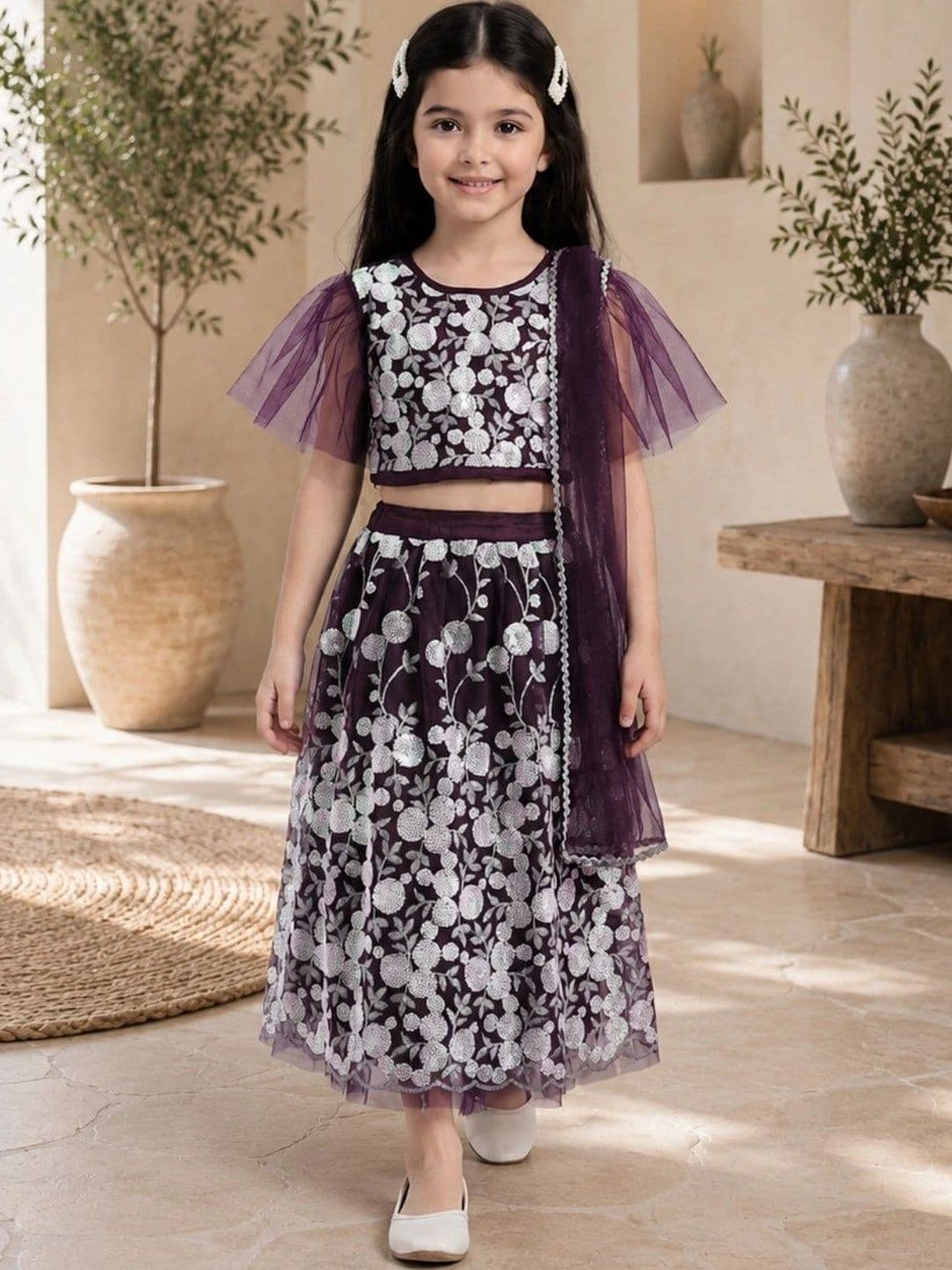 Bella Moda Girls Embroidered Sequinned Ready to Wear Lehenga & Blouse With Dupatta - view 1