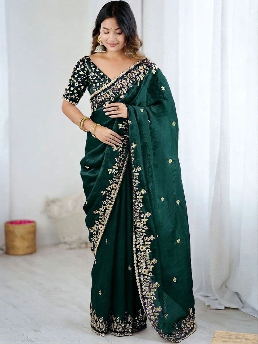 CLEMIRA Embellished Embroidered Art Silk Heavy Work Saree thumbnail 4