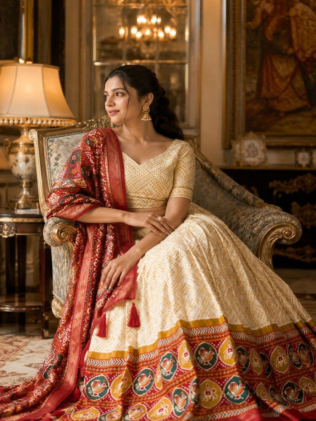 House of Pataudi Printed Ikat Semi-Stitched Lehenga & Unstitched Blouse With Dupatta thumbnail 3