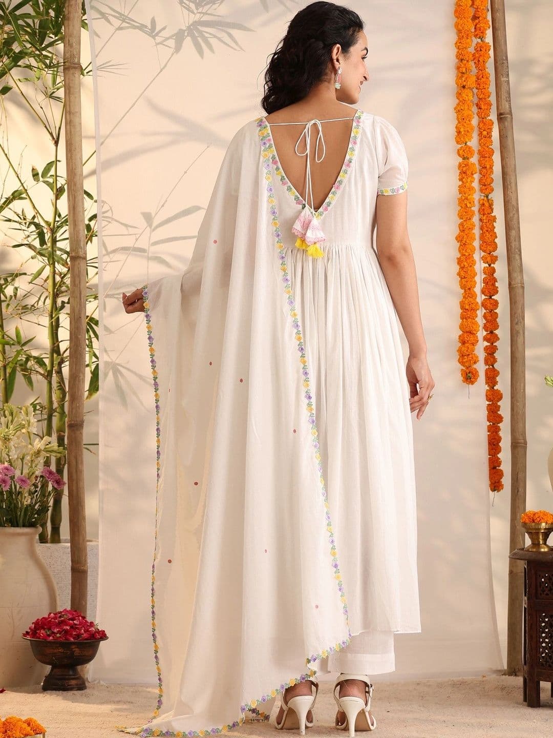 Khushal K Women Floral Embroidered Empire Thread Work Pure Cotton Kurta with Palazzos & With Dupatta thumbnail 2