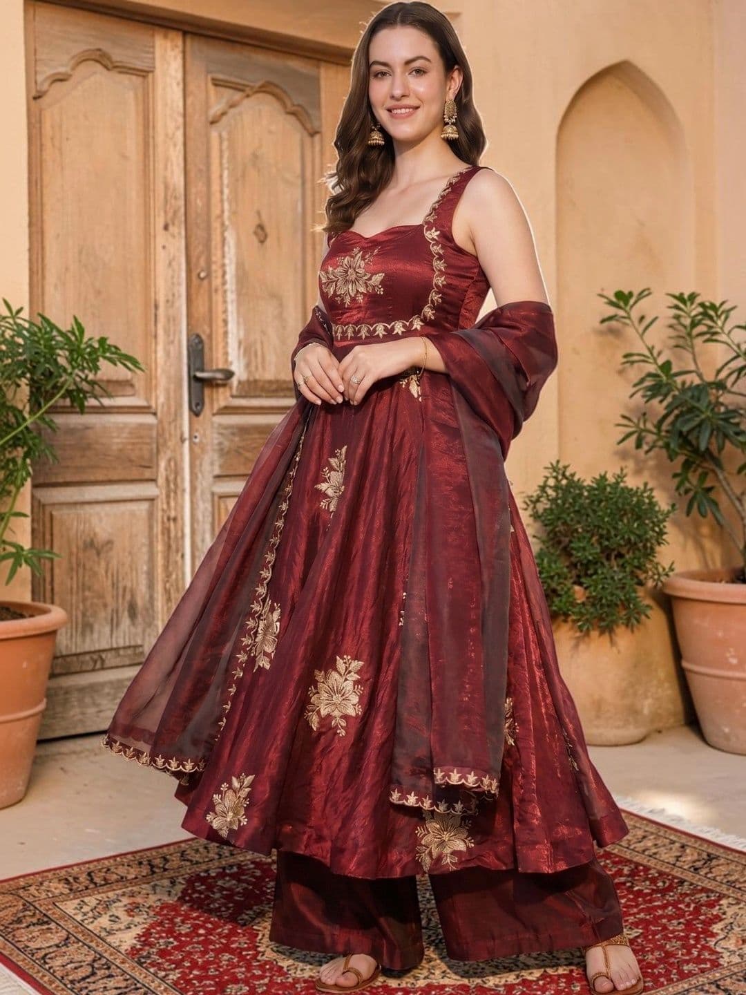 KALINI Women Floral Embroidered Empire Thread Work Kurta with Palazzos & With Dupatta thumbnail 3