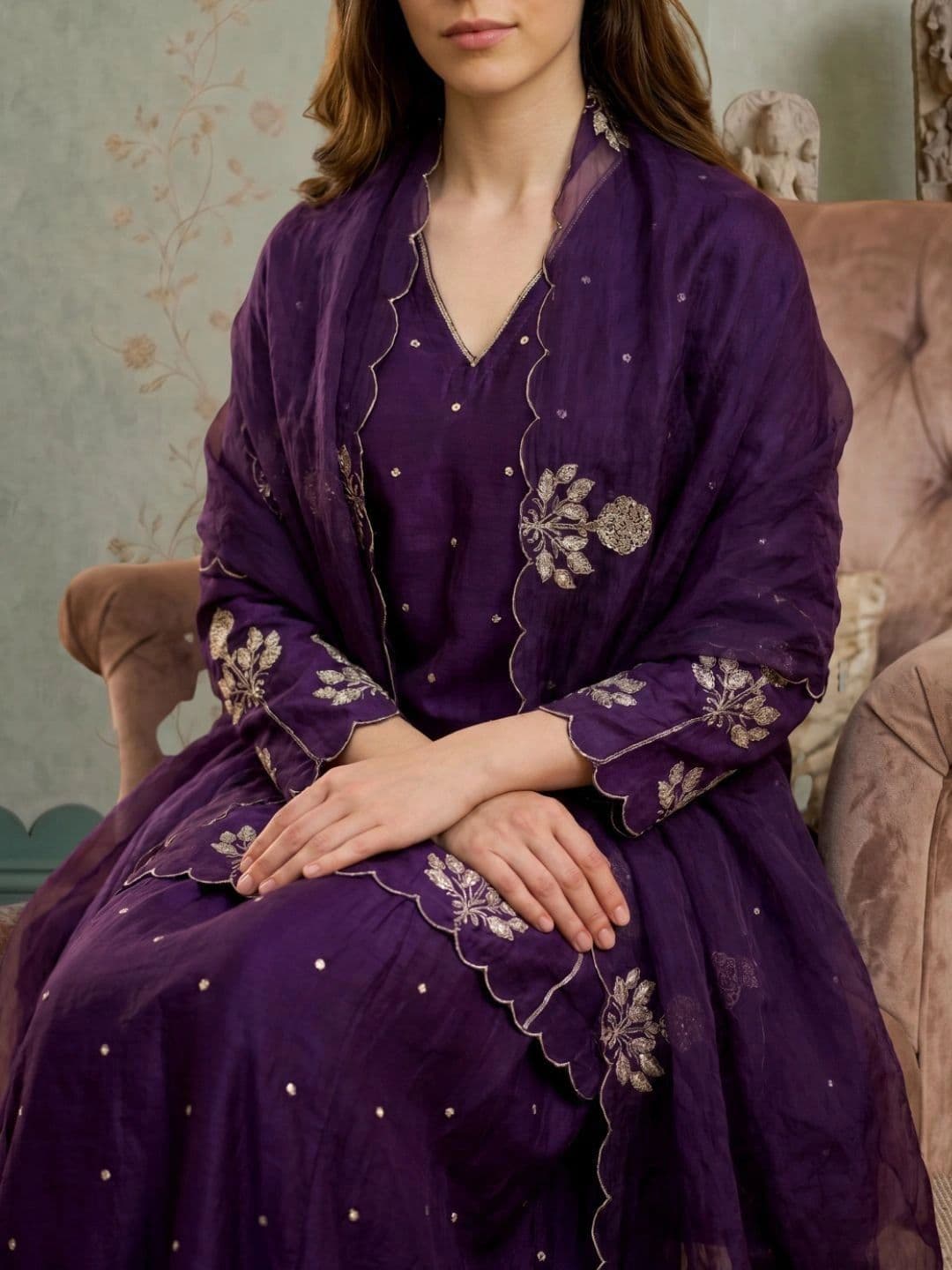 Sangria Women Floral Embroidered Regular Thread Work Kurta with Sharara & With Dupatta thumbnail 3
