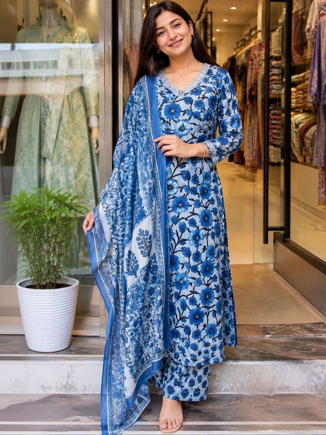 KALINI Women Floral Printed Regular Kurta with Palazzos & With Dupatta thumbnail 3