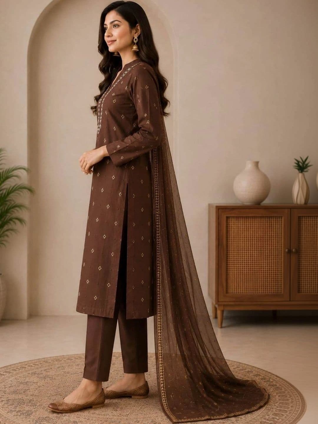 UNISETS Women Ethnic Motifs Embroidered Regular Thread Work Pure Cotton Kurta with Trousers & With Dupatta thumbnail 3