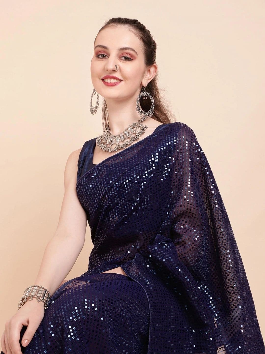 SZN Embellished Sequinned Pure Georgette Designer Saree thumbnail 2