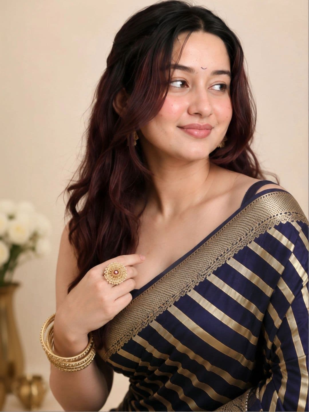 all about you Striped Zari Satin Banarasi Saree thumbnail 3