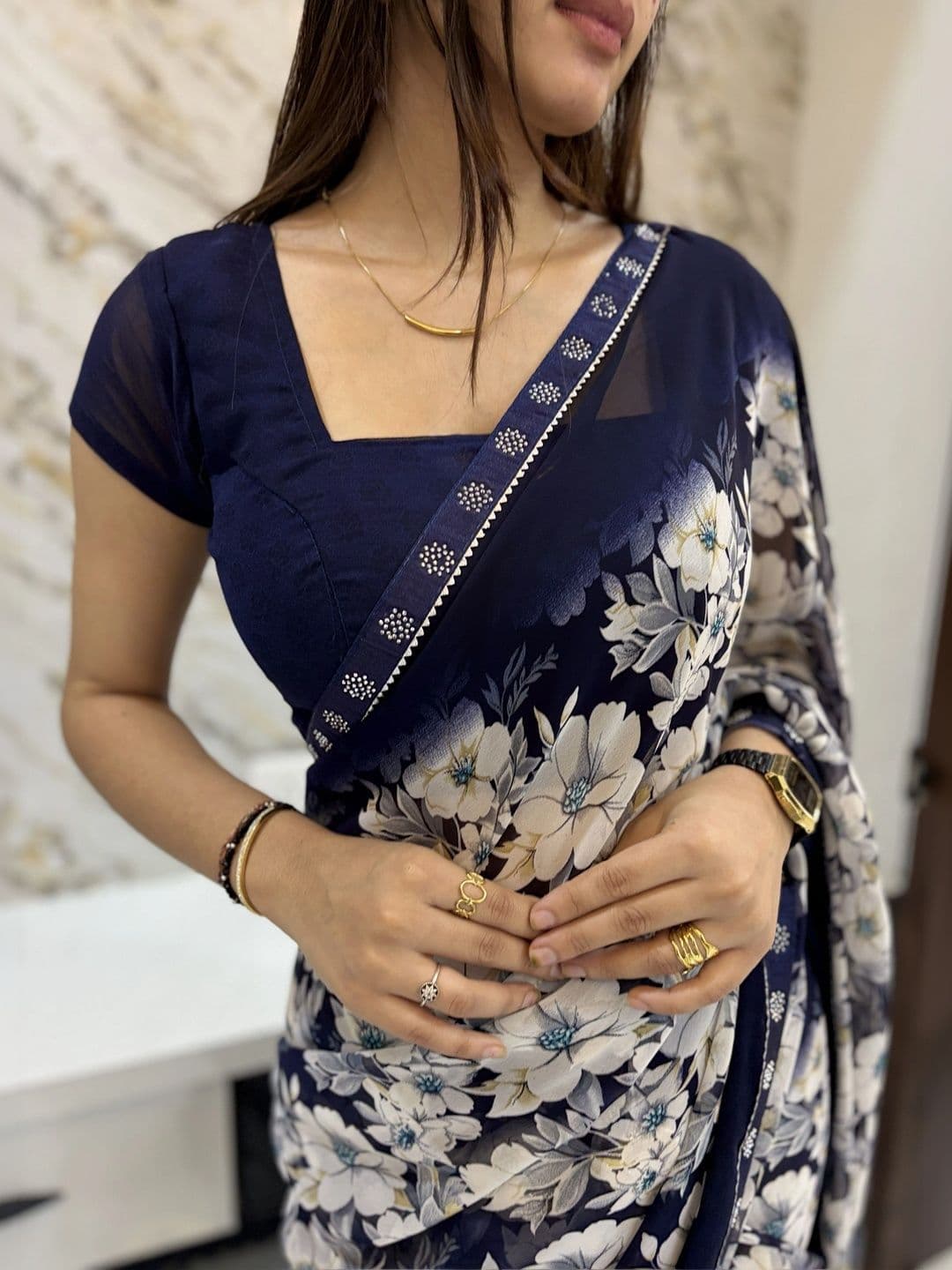 TELIRAJ FASHIONS Floral Sequinned Pure Georgette Designer Block Print Saree thumbnail 7