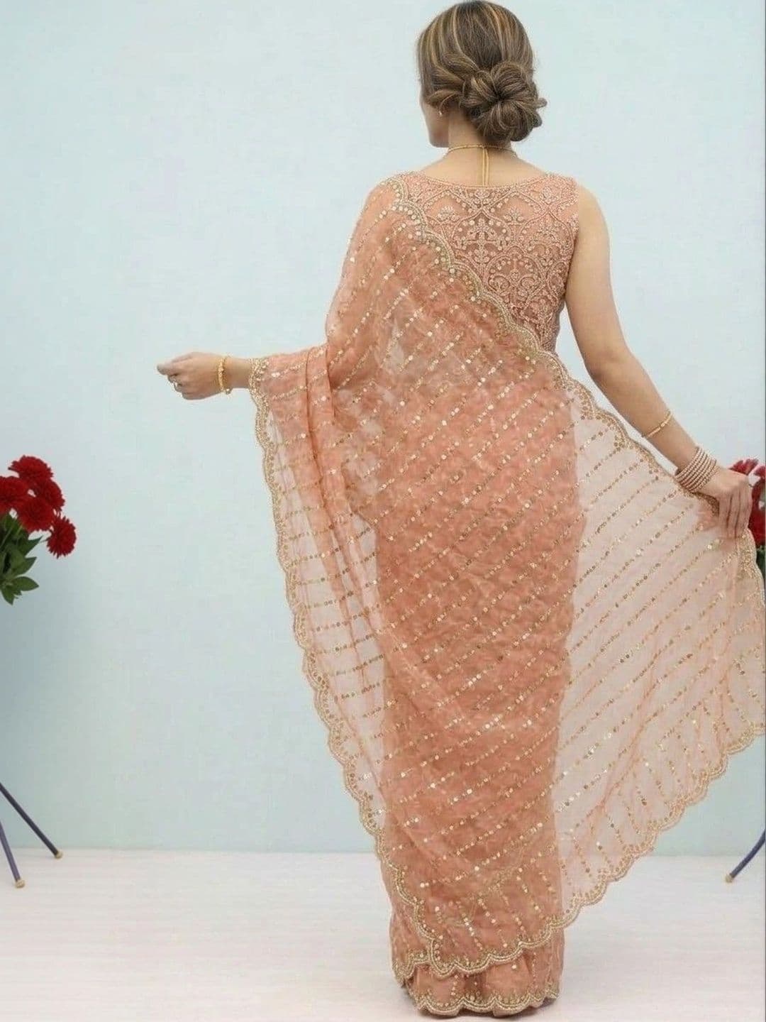 SmileyFashion Embellished Sequinned Poly Chiffon Designer Saree thumbnail 6