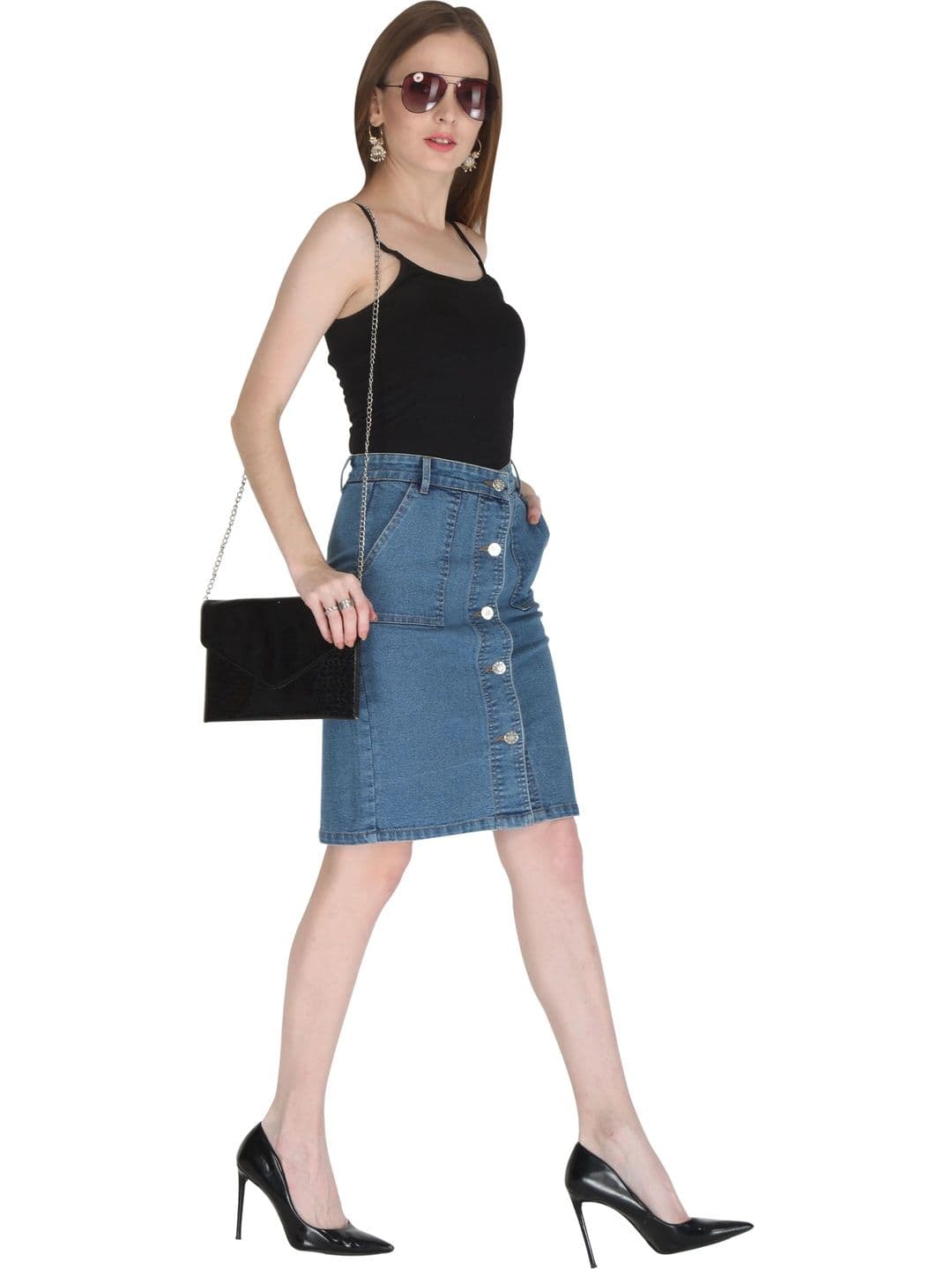 Peptrends Women Denim Knee Length A-Line Skirt thumbnail 6