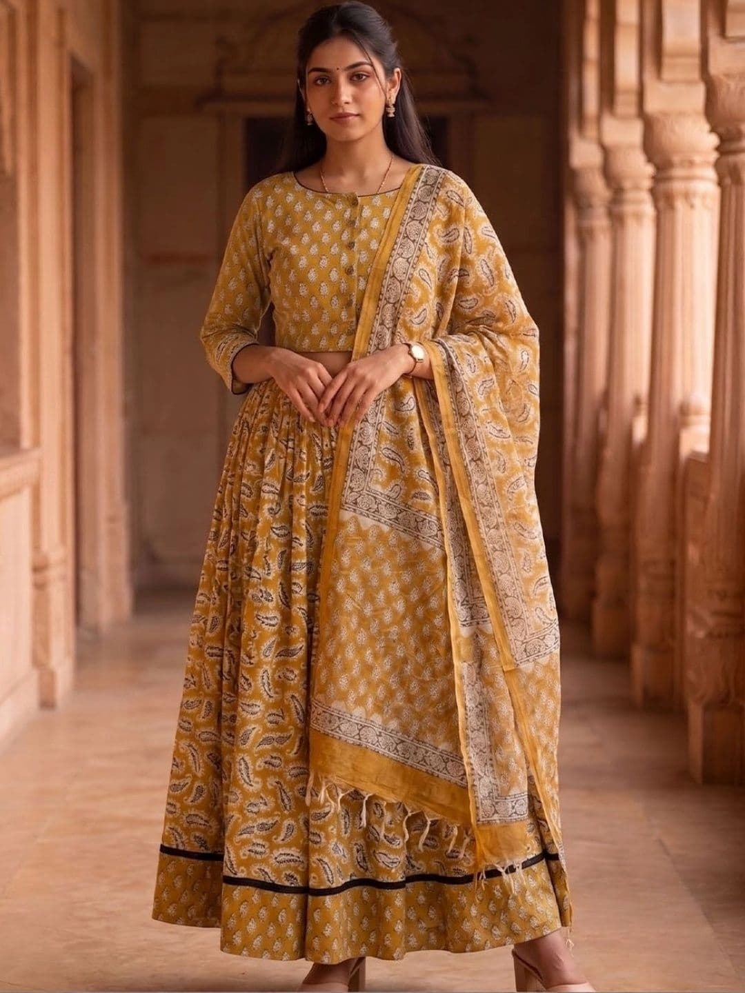 Avishya Printed Block Print Ready to Wear Lehenga & Blouse With Dupatta - view 1