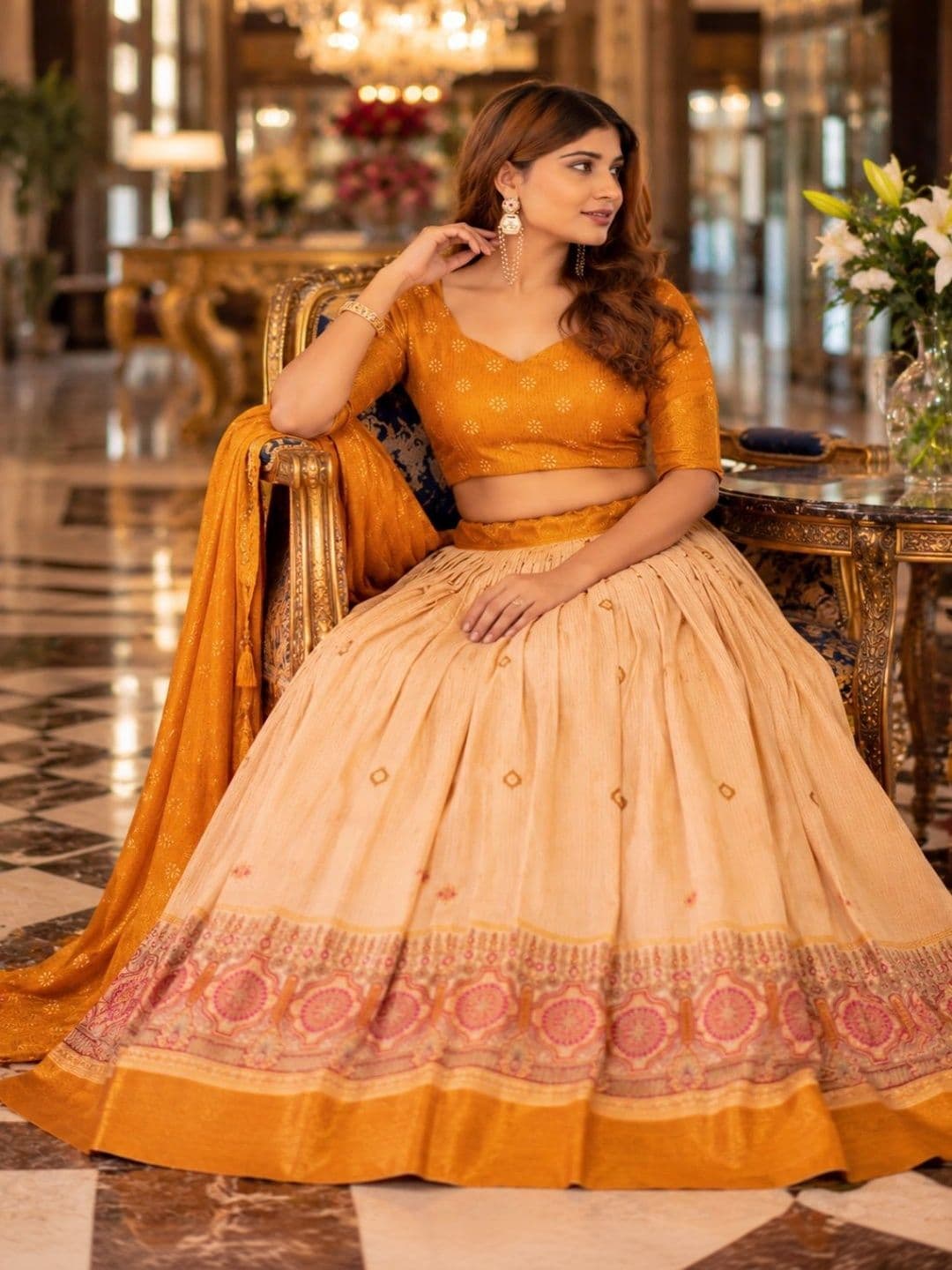 House of Pataudi Printed Foil Print Semi-Stitched Lehenga & Unstitched Blouse With Dupatta thumbnail 2