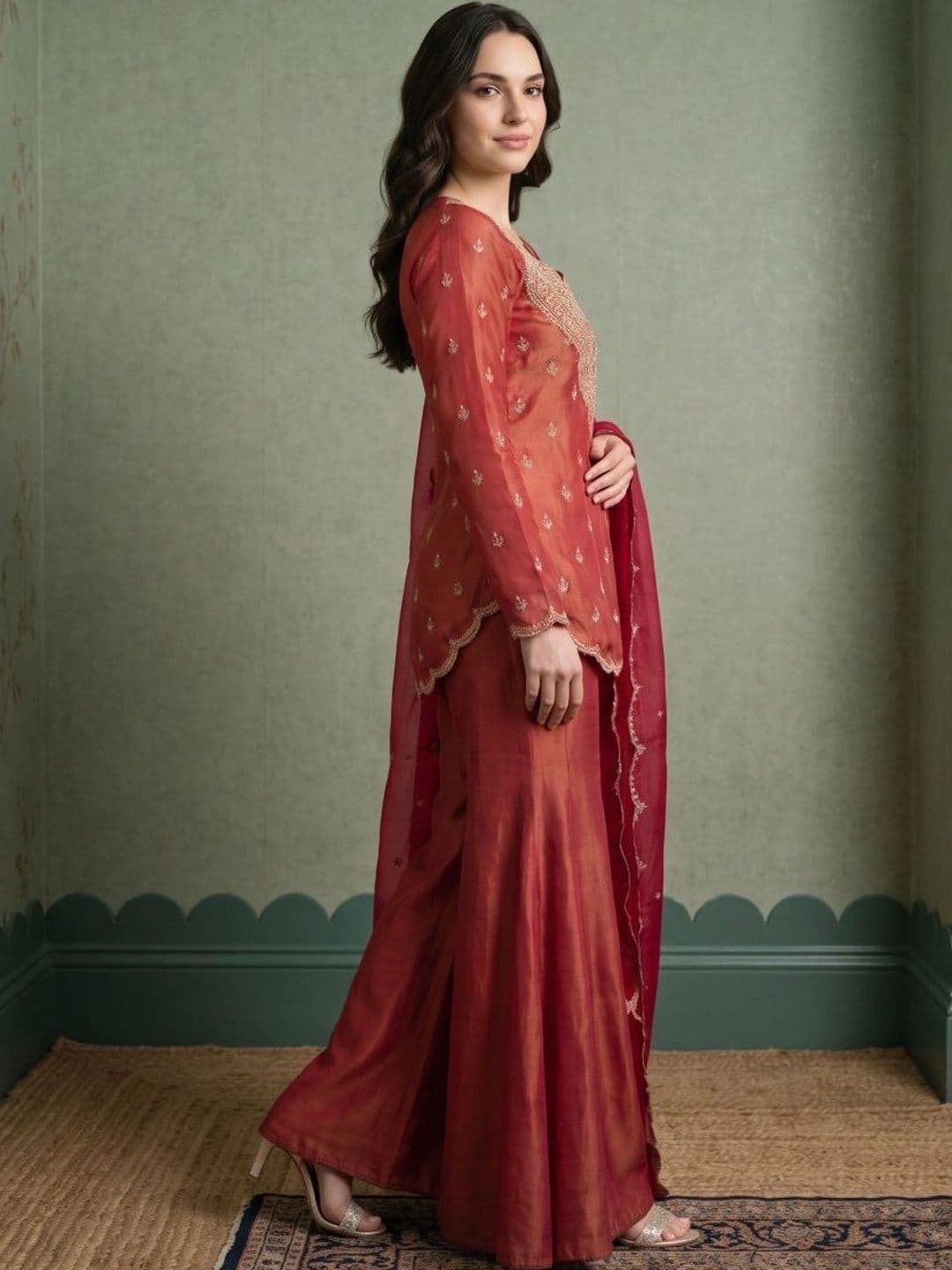 Sangria Women Ethnic Motifs Embroidered Regular Thread Work Kurta with Sharara & With Dupatta thumbnail 4