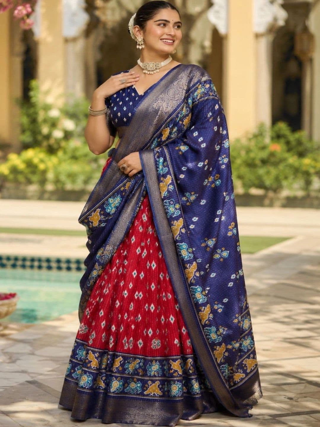 House of Pataudi Ikat Semi-Stitched Lehenga & Unstitched Blouse With Dupatta thumbnail 2