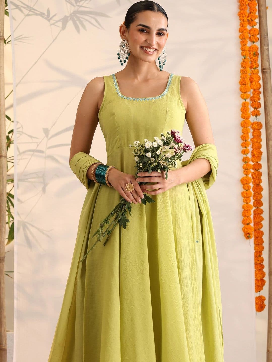 Khushal K Women Empire Thread Work Pure Cotton Kurta with Palazzos & With Dupatta - view 1