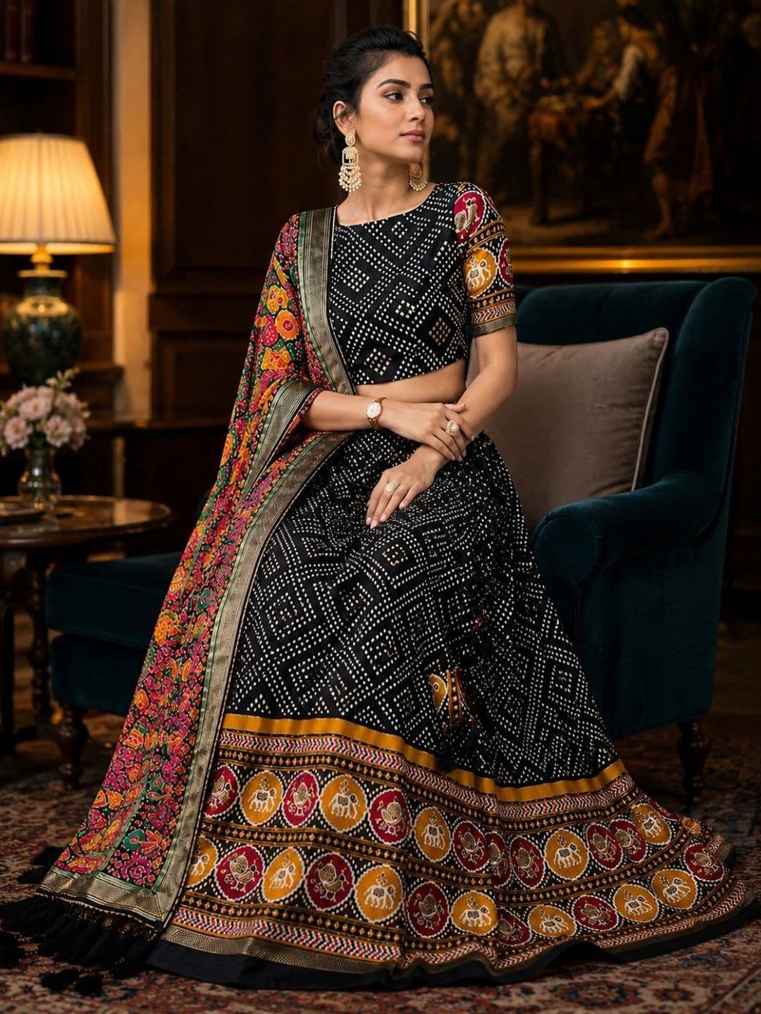 House of Pataudi Printed Semi-Stitched Lehenga & Unstitched Blouse With Dupatta thumbnail 4
