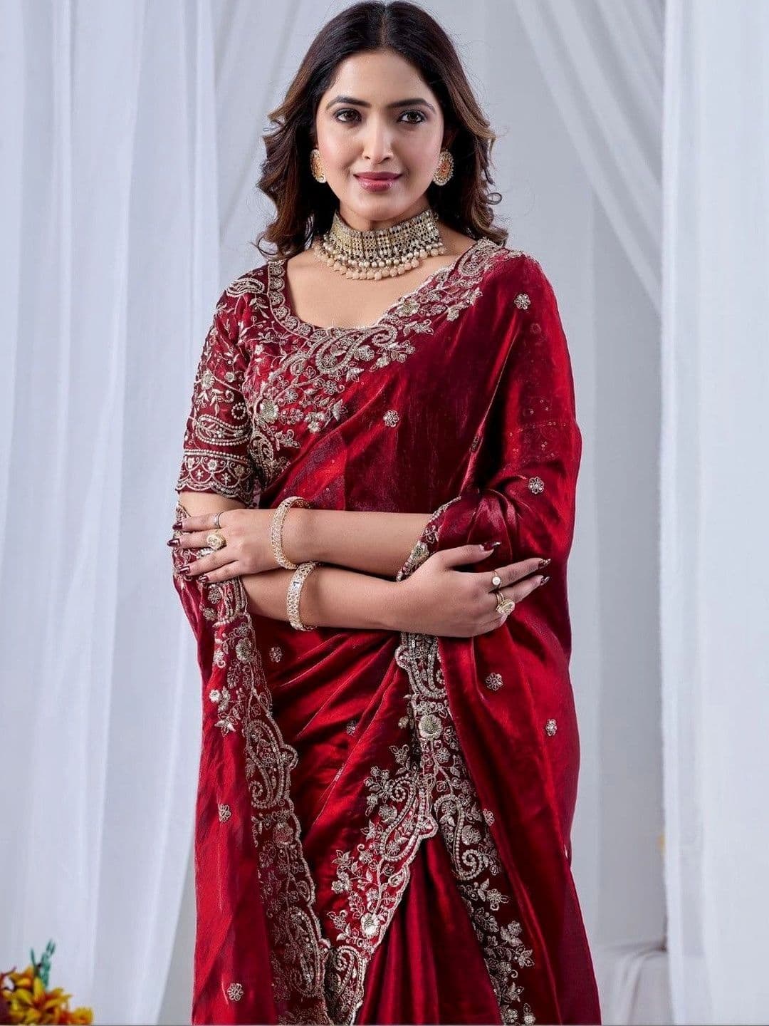 CLEMIRA Embellished Zari Satin Heavy Work Saree thumbnail 3